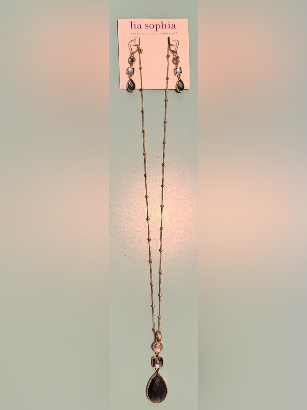 Lia Sophia Gold Necklace with Black Teardrop Pendant & Matching Earrings